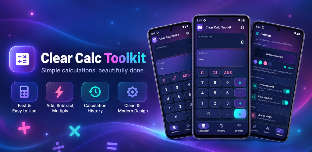 Clear Calc Toolkit Android app presentation with calculator screens