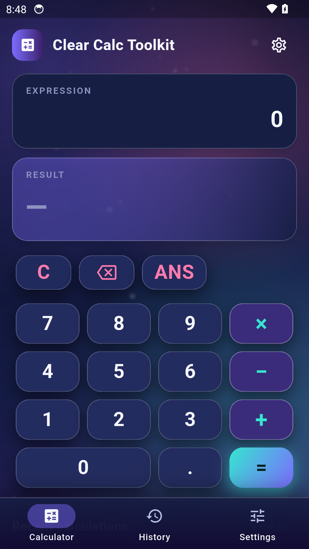 Clear Calc Toolkit main calculator screen