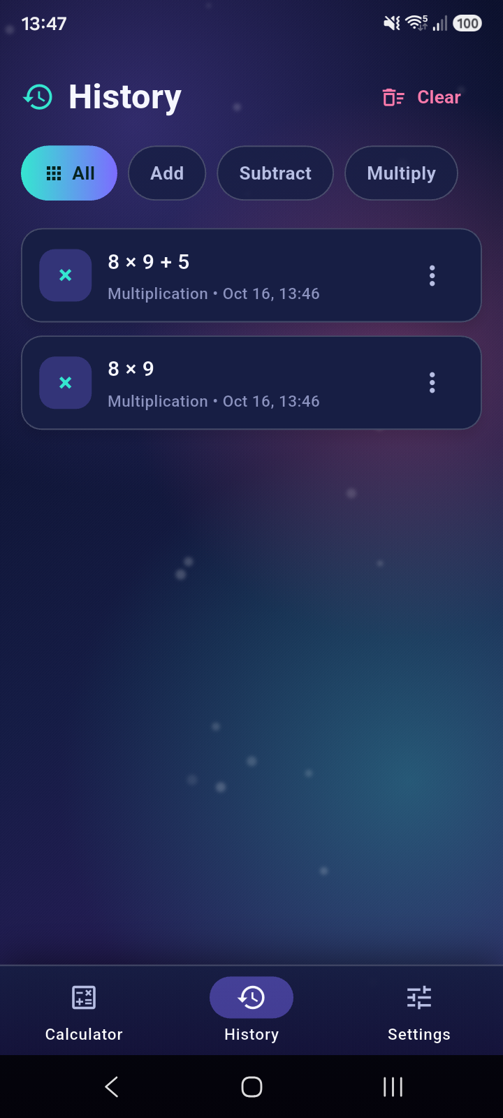 Calculation history interface
