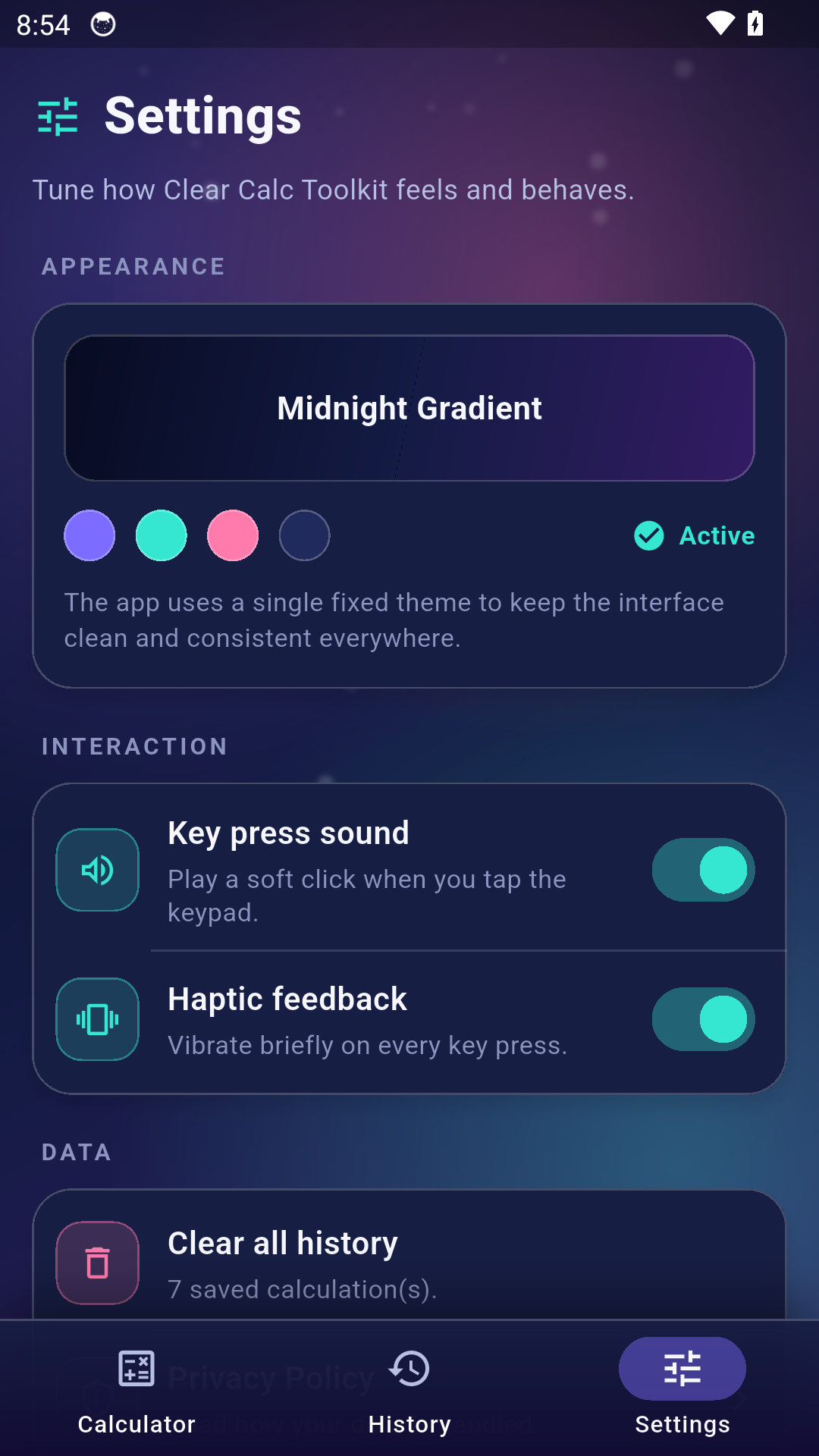 Calculator settings interface
